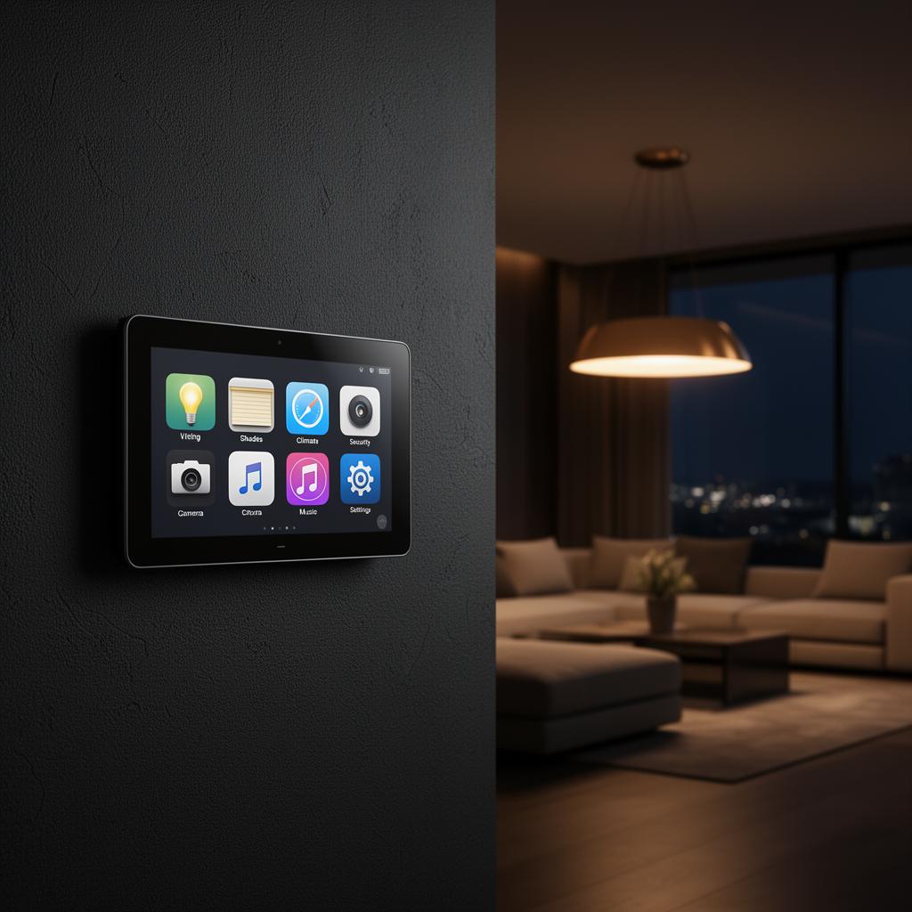 Smart home control panel on wall next to modern living room